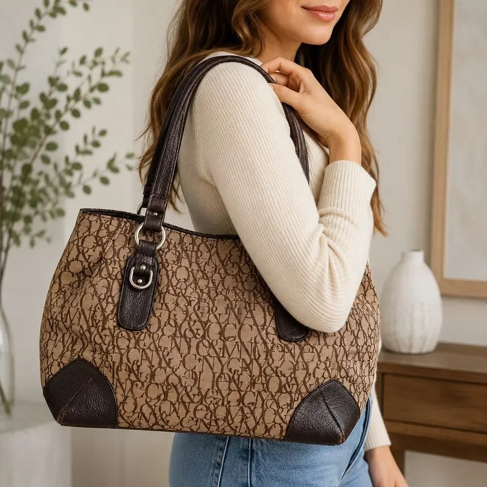 New York & Company Tan Brown Monogram Print Shoulder Tote Bag Purse